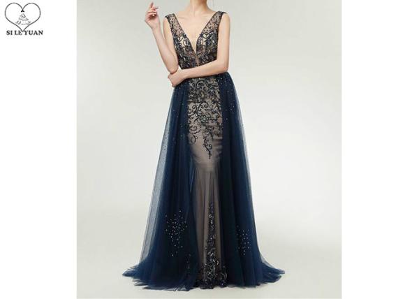 Tulle V Neck Ball Gown Backless / Long Tail Navy Blue Beaded Prom Dress