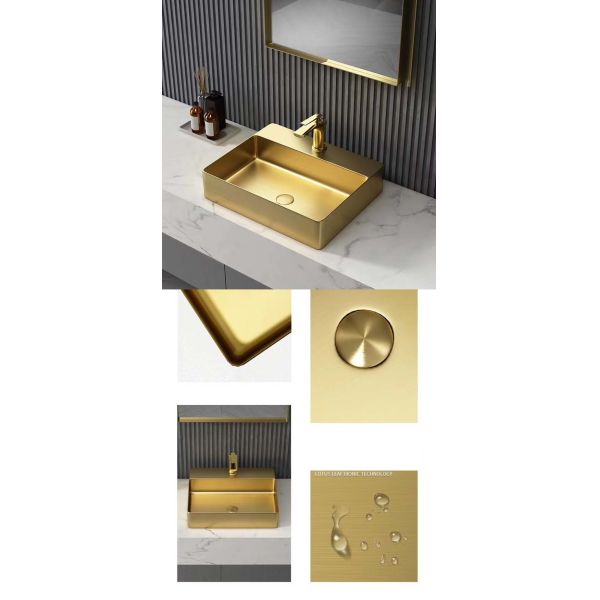 Brushed Gold Countertop Stainless Steel Vessel Sinks With Faucet Hole