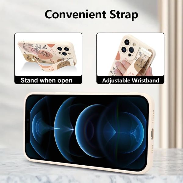 iPhone 12 Pro Max Silicone Case with Strap for Women Girls Cute Floral Flowers Pattern Design Adjustable Soft Wirstband