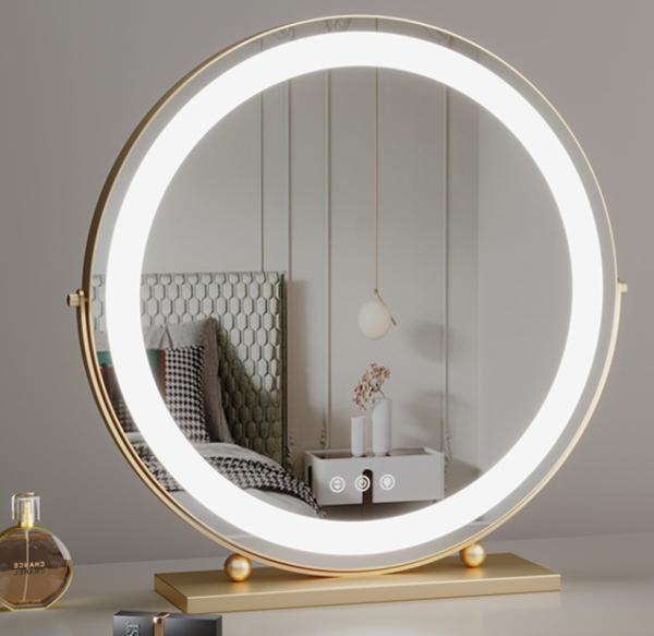 Gold Frame Round Rotating Tabletop Makeup Mirror with LED Light for Dressing Table Vanity