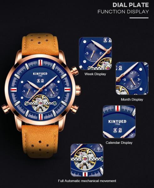 KINYUED J019-3  Private Label Gold Case Genuine Leather Auto Date Skeleton Tourbillon Automatic Mechanical Wristwatches