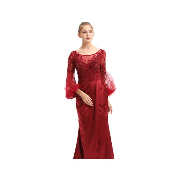 Ruched Red Ladies Evening Dresses , Balloon Long Sleeve Wedding Gown