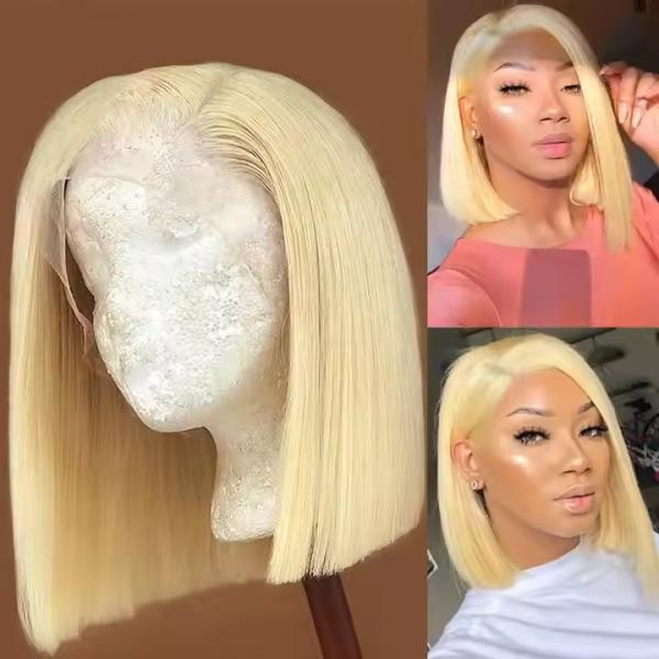 Short Bob Straight Human Hair blonde Lace Closure Wig Transparent 13X4 Lace Frontal Wig