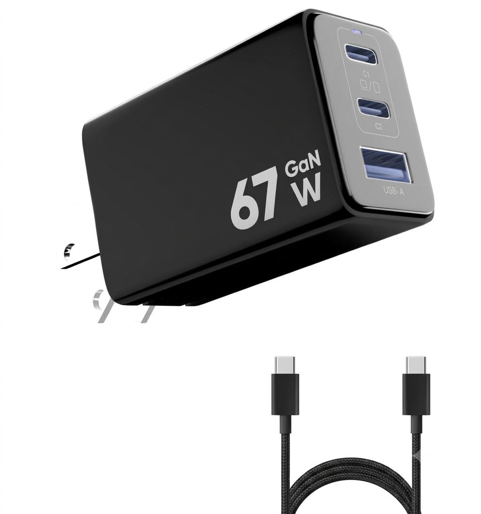 3 Port GaN USB C Charger 67W Fast Charging Block Black With Foldable Plug