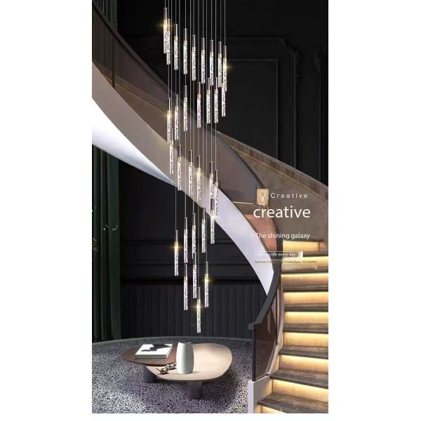 Escalera sencilla Columna de cristal larga Lustrero de techo alto Ático Residencial Escalera de techo rama Lustrero Iluminación Lustrero LED