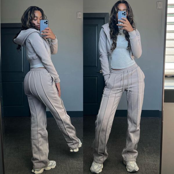 Custom Embroidery Distressed Crop Top Zip up Hoodie Sweatsuit Joggers Pants Women Distressed 2 Piece Sweatpants and Hoodie Set