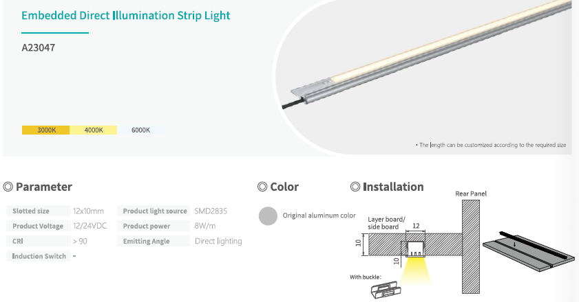 Embedded Direct Cabinet LED Strip Lights Custom Length High CRI >90 12/24V DC Aluminum Lighting