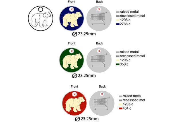 Bear Logo Iron / Brass / Copper Metal Trolley Coin, Shopping Trolley Keyrings with Die Cast, Die Struck, Stamped