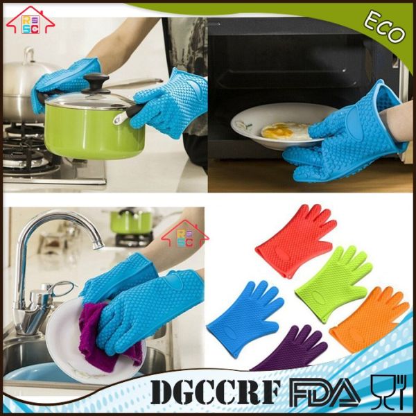 Colorful Heat Resistant Oven Gloves With Fingers / Ageing Resistant Silicone Rubber Oven Gloves