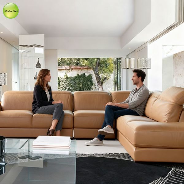 Trendy Tan Leather Sofa: Premium, Roomy – Redefine Living Space Comfort