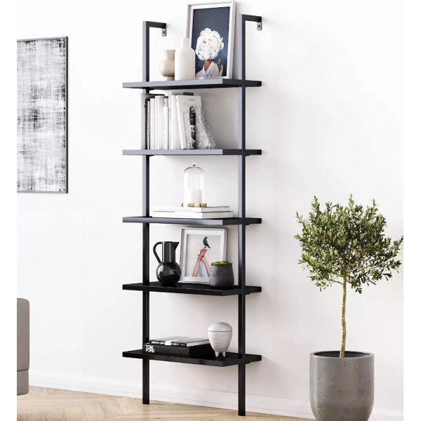 Living Room Black 5 Tier Metal And Wood Book Shelves MDF Board