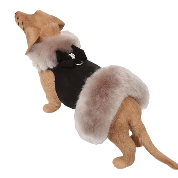 Platinum Glitzerati Bow Soft Silver Faux Suede Faux Fox Fur Dog Coat