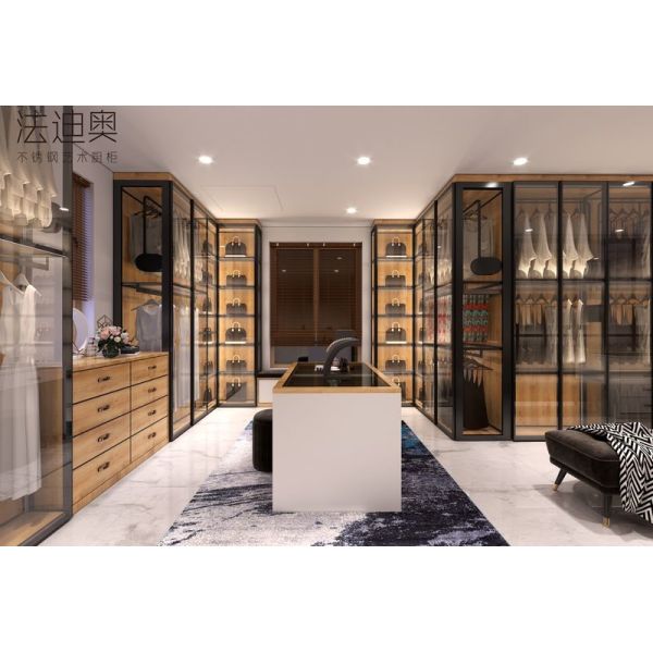 Stainless Steel Open Walk-In Closet with Glass Doors and Jewelry Box