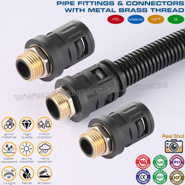 Conectores rápidos nylon 6 (uniones, racores) negros RAL9005 con rosca metálica PG7~PG48 para tubos corrugados AD7~AD108