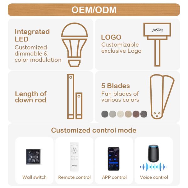 1stshine Ventilador de teto LED com acabamento remoto de grãos de madeira 5 lâminas Logotipo 1stshine / OEM Logotipo