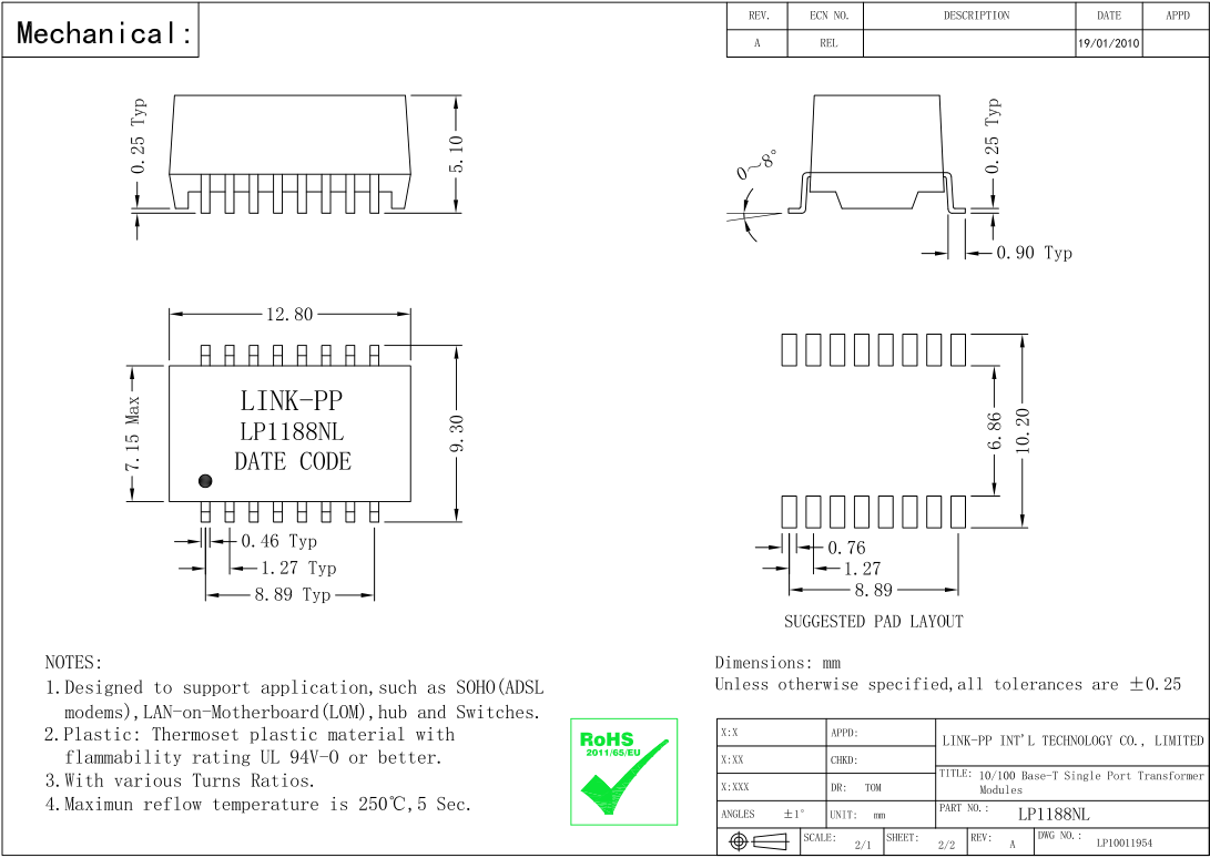 Изолированный HF-81606T модуль трансформатора Lan локальных сетей, 16 Magnetics штырей LP1188NL