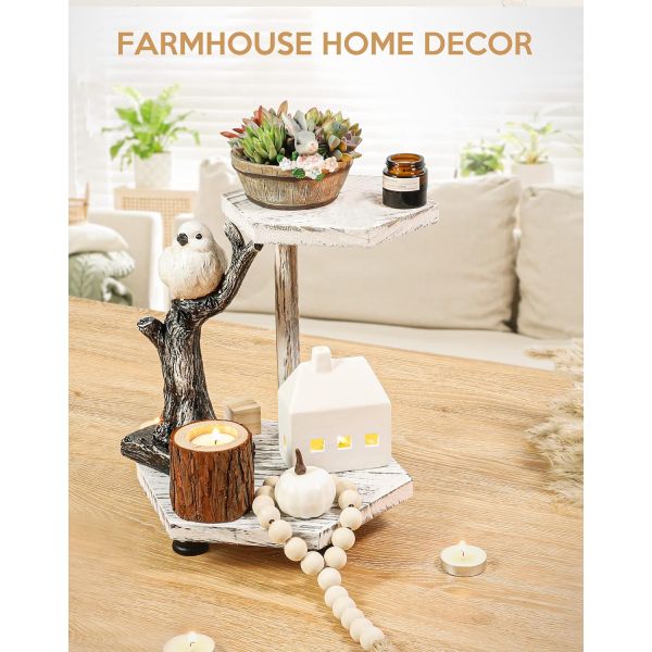 2-Tier Hexagonal Wooden Display Riser White Farmhouse Tray for Kitchen and Bathroom