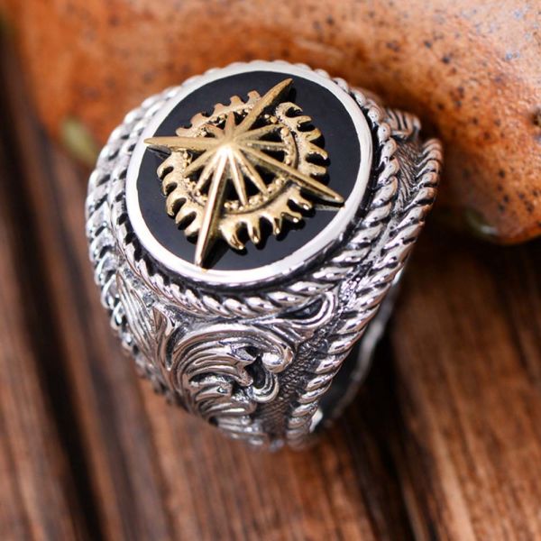 Thai Sterling Silver Brass 2 Tone Sunlight Engraved Retro Men Ring (059186)
