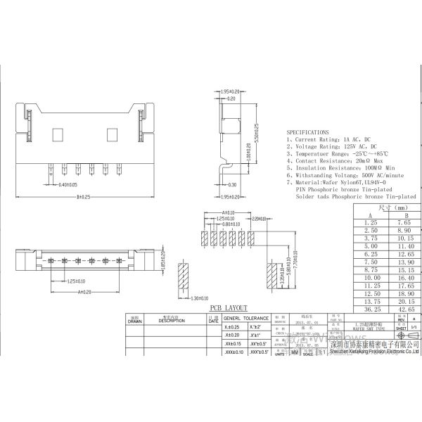 Ultrathin 1.25mm Pitch Horizontal Wafer Box Connector Wire To Board