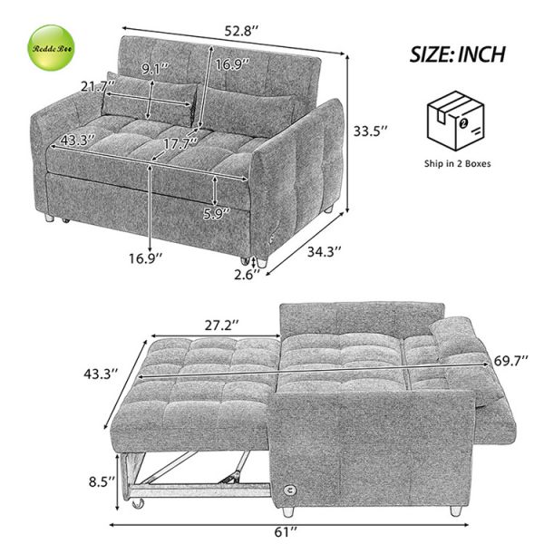 Modern Chenille Fabric Pull out Sofa Bed With USB Charge Saving-Sapce 2 Seater Sofa For Living Room Furniture