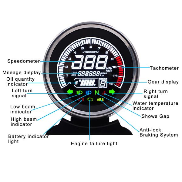 Black 12V Motorbike Fuel Gauge , LCD Universal Motorcycle Cluster