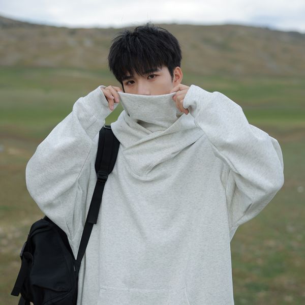 Vintage Turtleneck Windproof Face Cover Hoodie, Unique Introvert Street Casual Sweatshirt
