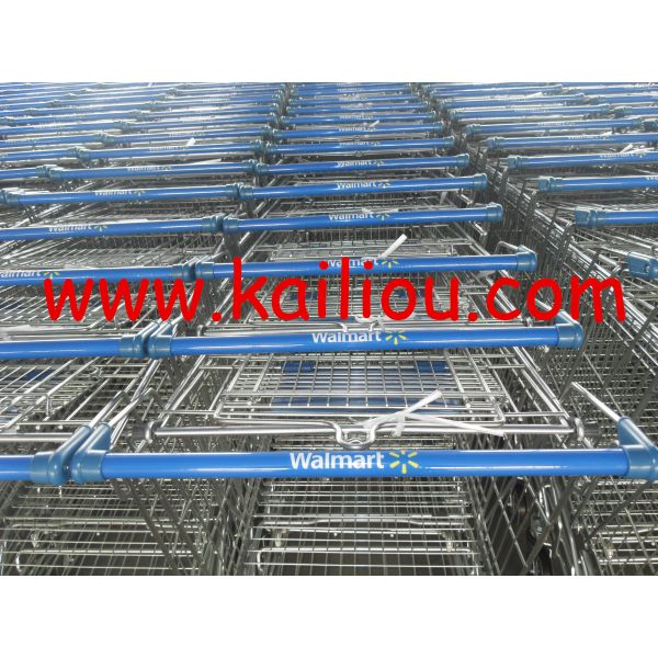 Modern Supermarket Shopping Trolley With 4 Swivel Flat Bearing Blue Pu Wheel