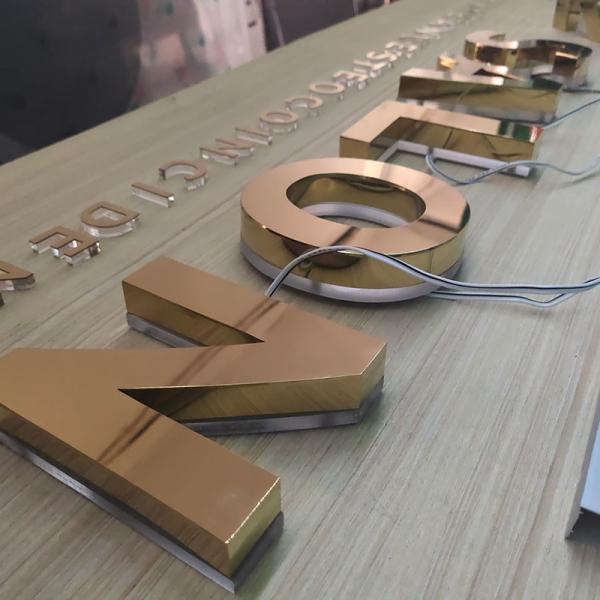 Shop Front Stainless Steel Gold Mirror Logo Metal Letter Electronic Sign Board Business Outdoor Custom Illuminated LED Sign