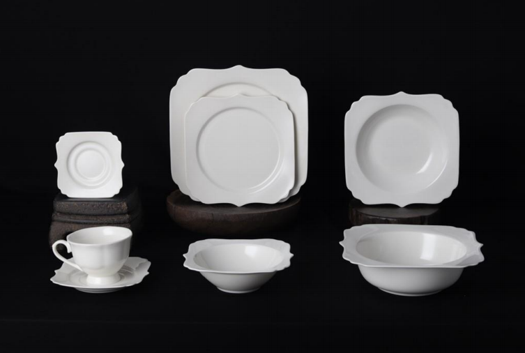 new bone china - square embossed dinning set  white glaze for daily used ceramics