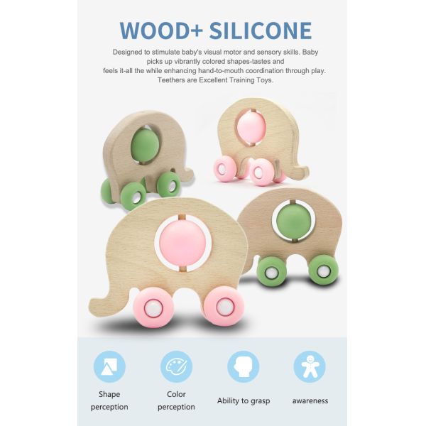 Educational Wooden FDA Elephant Silicone Teething Rattle Medical Grade