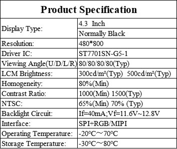 Wide Viewing Angle 4.3 Inch TFT LCD Screen for Home Automation Devices