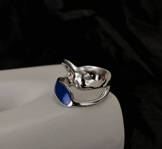 Blue Enamel Ring Adjustable Size 925 Solid Silver Minimalist Jewelry