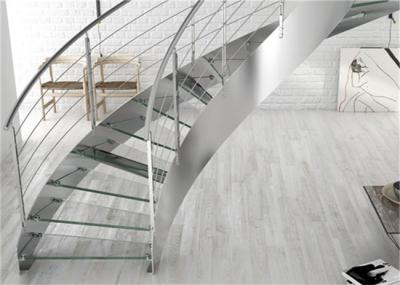 Prima Construction Modern Curved Staircase , Curved Glass Stairs with Round Post Glass Railing