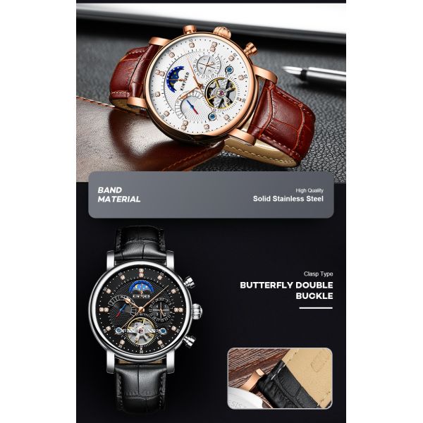 KINYUED Men Luxury Brand Wrist Watch Strap Mechanical Automatic Moon Phase Watch Relojes