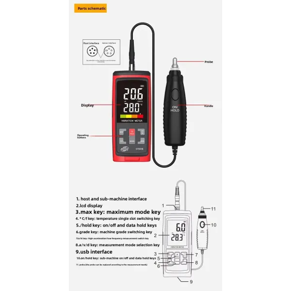 GT633B Handheld Vibration Meter with 1000mAh Lithium Battery Piezoelectric Ceramic Accelerometer and CE ROHS Certification