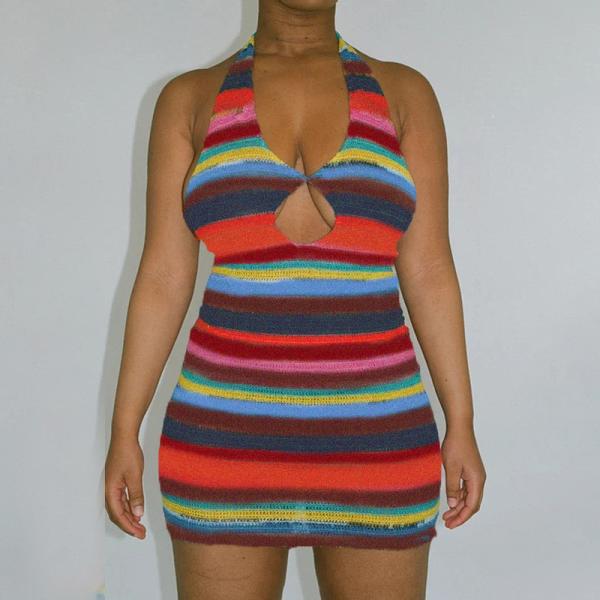 Hollow 76cm Sexy Women Dresses , Stripe Backless Knit Halter Dress