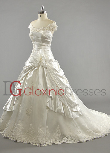 2013 A-line off-the-shoulder train pleated beaded lace satin ivory bridal dresses BDGD1003
