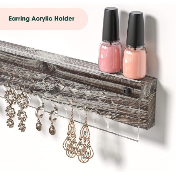 Custom Rustic Farmhouse Wood Earring Display and Clear Acrylic Necklace Wall Mount Holder