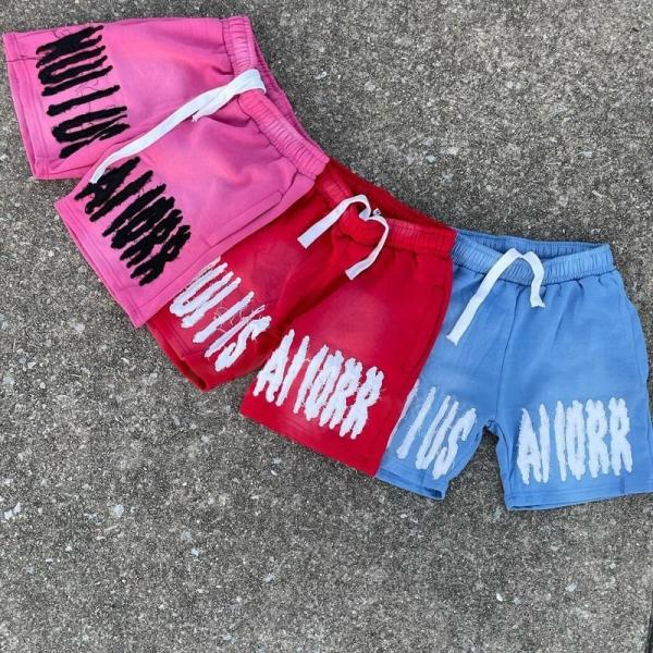 Red Running Acid Wash Shorts Set Vintage Style Sun Fade Sweat Shorts Embroidered Logo