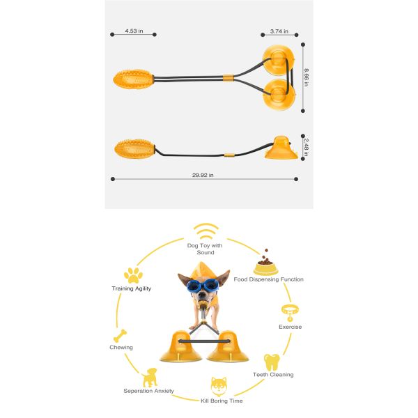 Indestructible Rubber Dog Treat Ball Bite-resistant Double Sucker Chew Toy Dog Pet Toys With 2 Suction Cup Rope