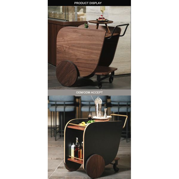 MOYI Customized Iron and Wood Trolley Wooden Cart with Wheels for Hotels and Bars