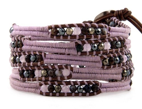 Beaded Handmade Jewelry Five Layer Amethyst Leather Bangles 82cm With Stone Beads