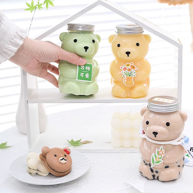 Custom Logo 16oz Plastic Pet Bear Shape Juice Beverage Tea Drinking Bottle with Aluminium Cap