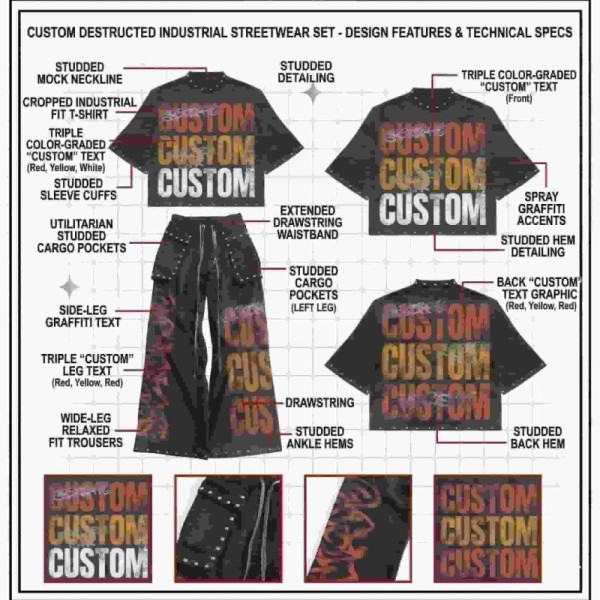 Custom Industrial Studded Cropped Tee and Wide-Leg Cargo Set
