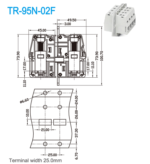 Ширина стержня терминального блока 600V/230A 25mm проводки CE PA66 UL