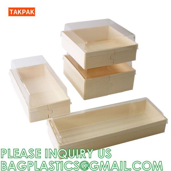 Wooden Food Packaging Box Cake Dessert Container With Plastic Cover, Take Out Pastry Cake Lunch Sushi Tray