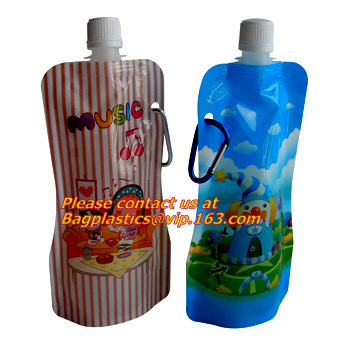 Spouted flexible foldable water bag with carabiner for running, flexible printing and lami