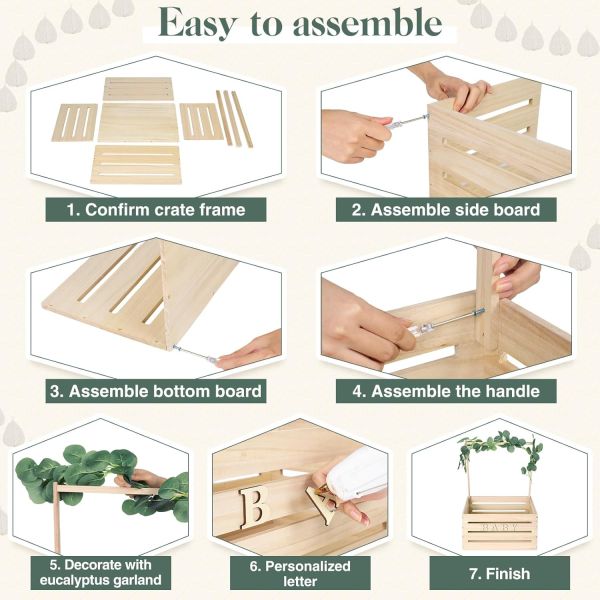 Caja de fiesta de ducha de madera Armario, cesta de regalo de la fiesta de ducha con asas y guirnaldas Caja de almacenamiento Cesta de ducha Caja de madera