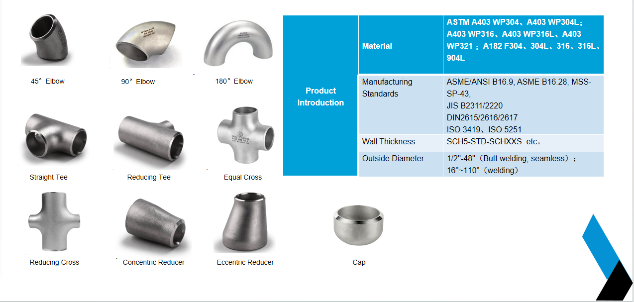 Long Radius Butt Welded Stainless Steel Pipe Fittings 45 Degree Elbow ASME/ANSI B16.9 A403 WP304 SCH5-STD-SCH XXS