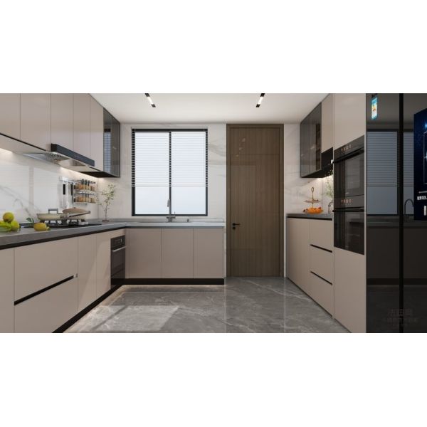 Armoires de cuisine en acier inoxydable modernes beige en forme de L avec conception de portes en verre